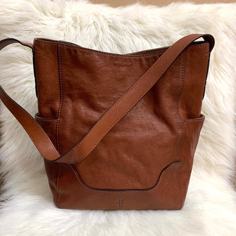 FRYE Vintage Deep Cognac Brown Leather Bucket Hobo Shoulder Bag